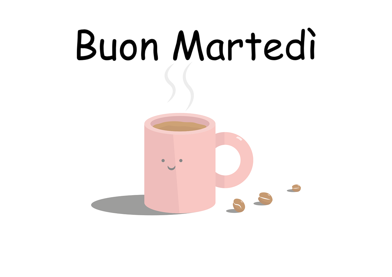 disegno di una tazza rosa con sfondo bianco con chicchi di caffe  per il martedì  